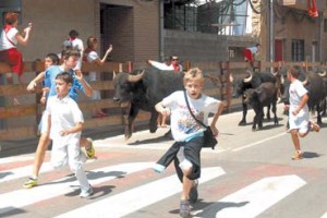 Los niños corriendo delante de búfalas en las pasadas fiestas de Funes.