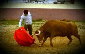 Derechazo de Expósito a la seria vaca que le cayó en suerte. Fotografía: Perico Rebota.